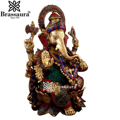 Brass Gem Stone Work Jewellery Ganesha Statue Weight 7.55 Kg And Height 8.6 Inch