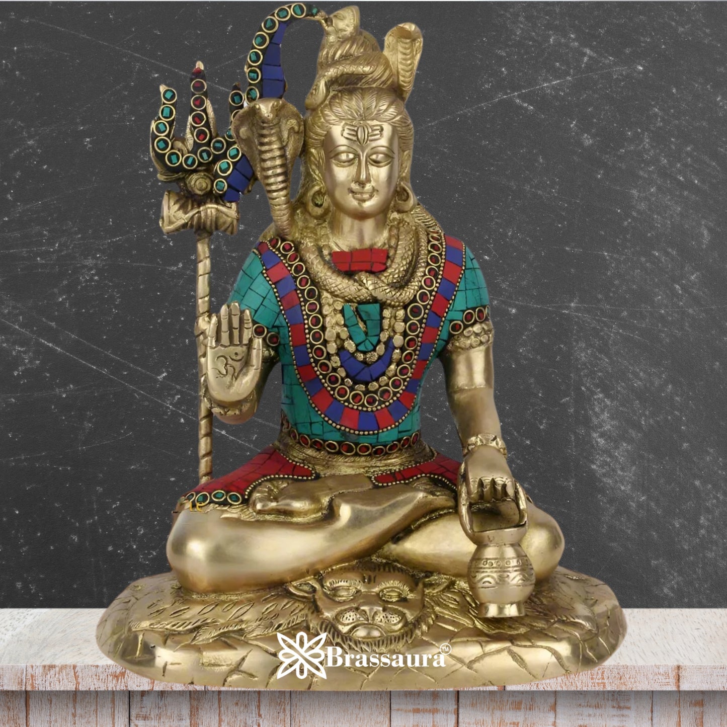 Brassaura™ Exquisite Brass Gemstone Work Shiva Murti – Height 10 Inches & Weight 4.3 Kgs | Hindu Temple Idol