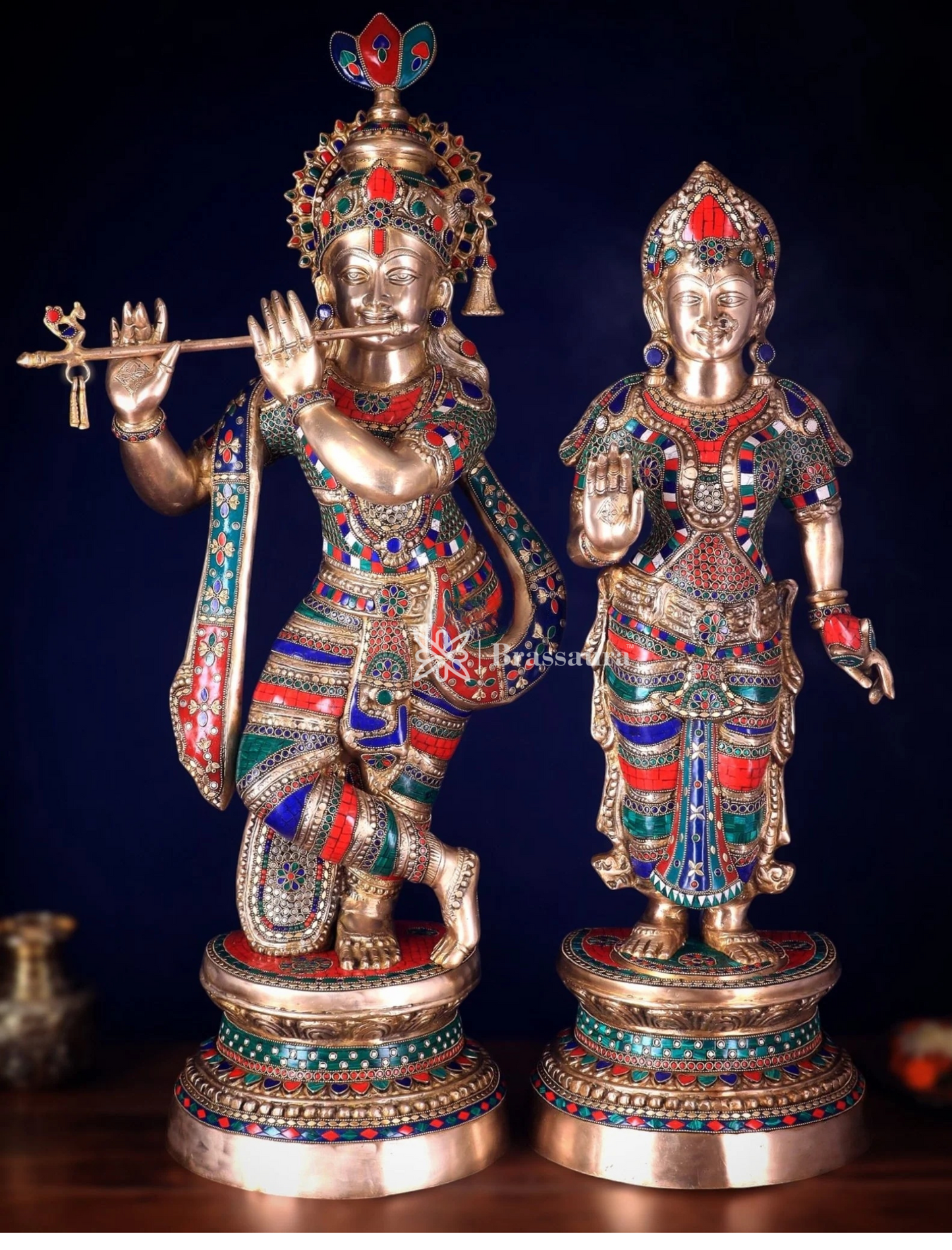 Brassaura™ Handcrafted Brass Radha Krishna Statues with Meenakari – Height 36 Inches & Weight 40 Kgs | Elegant Devotional Masterpiece