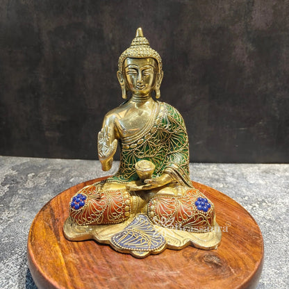 Brass Blessing Multicolored Gem Stone Work Buddha Weight 2 kg & Height 7.5 Inch