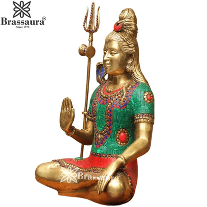Brassaura™ Gemstone Decorated Brass Lord Shiva Statue – Height 20 Inches & 12.4 Kgs | Spiritual Home Accent