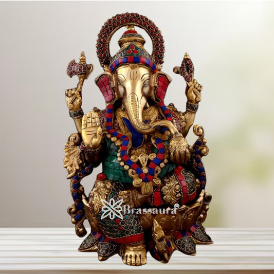 Brass Gem Stone Work Jewellery Ganesha Statue Weight 7.55 Kg And Height 8.6 Inch