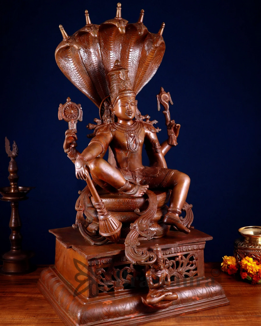 Brassaura® Magnificent Brass Lord Vishnu Statue Seated on Engraved Pedestal with Sheshanaag and Hanuman | 29 Inch Height | Chola Bronze Finish