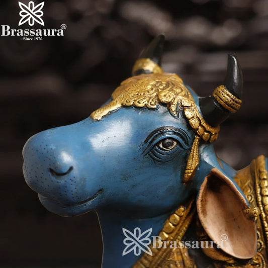 Brassaura® Grand Blue Nandi Brass Statue with Antique Gold Detailing | Sacred Vehicle of Lord Shiva | Height 14 Inches & Weight 18.2 Kgs