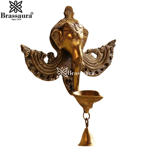 Brassaura™ Brass Ganesha Diya Statue – Height 11 Inches & Weight 1.3 Kgs | Spiritual Home Décor