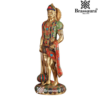 Brassaura™ Gemstone Crafted Brass Hanuman Murti – Height 24 Inches & Weight 13.5 Kgs | Temple Collection