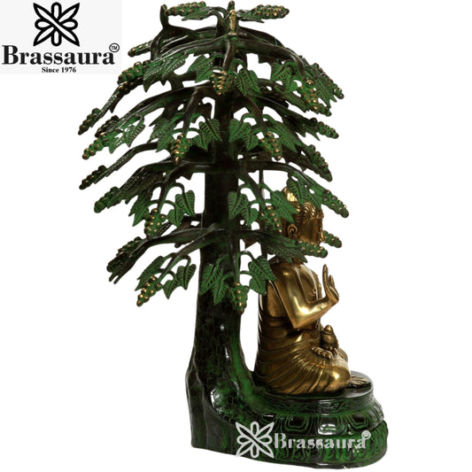 Brassaura™ Brass Buddha With Tree – Height 21 Inches & Weight 17 Kgs | Sacred Brass Artwork for Serenity & Harmony
