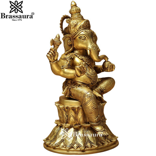 Brassaura® Ganesha Sitting on Padma Brass Idol | Elegant Lalitasana Posture | Height 15 Inches