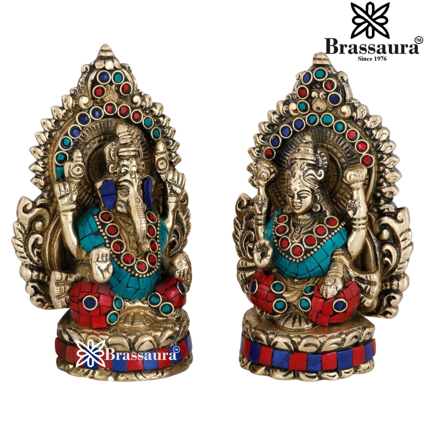 Brassaura™ Brass Gem Stone Work Laxmi Ganesha Idol – Height 5.5 Inches & Weight 1.8 Kgs | Hindu God Statue