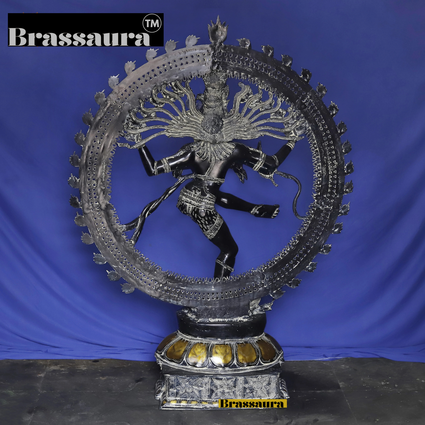 Brassaura™ Brass Nataraja Idol with Ornamental Frame – 54 inch | 76.17 kg | Antique Finish | Dancing Shiva Statue for Temple, Home & Cultural Decor