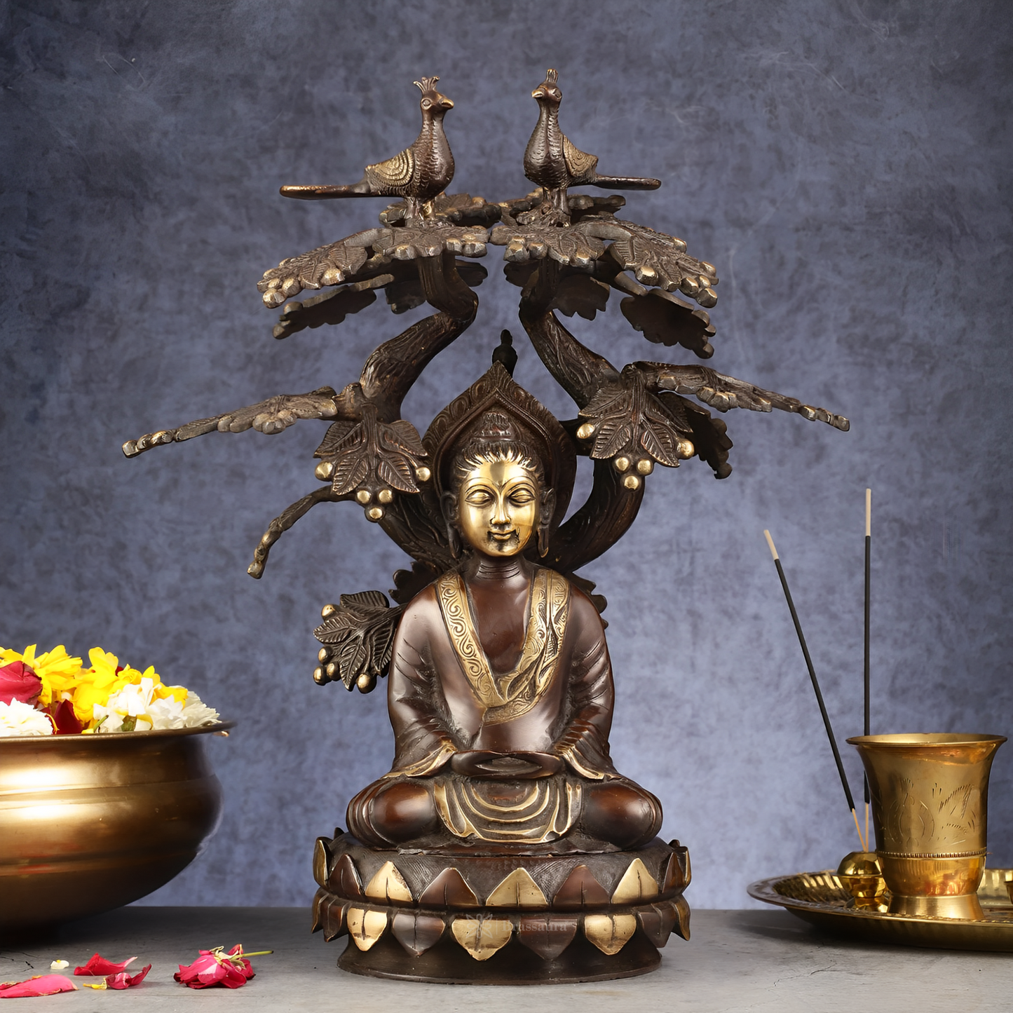 Brassaura™ Brass Buddha Under Tree Statue – Height 16.5 Inches, Weight 10 Kgs