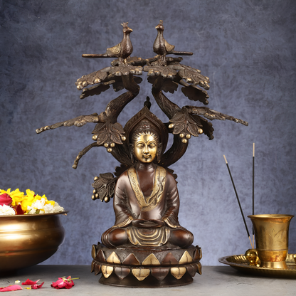 Brassaura™ Brass Buddha Under Tree Statue – Height 16.5 Inches, Weight 10 Kgs