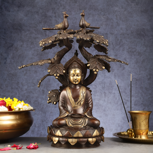 Brassaura™ Brass Buddha Under Tree Statue – Height 16.5 Inches, Weight 10 Kgs