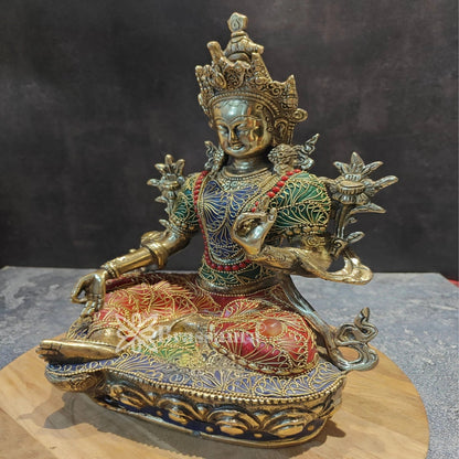 Brass Gem Stone Work Tara Weight 4.8 Kg & Height 13 Inch