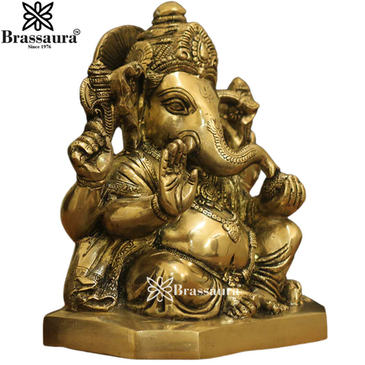 Brassaura® सिद्धिविनायक गणेश पीतल की मूर्ति | जटिल बैठी हुई मुद्रा | ऊंचाई 8 इंच
