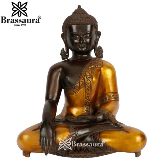 Brassaura® Buddha Bhumisparsha Mudra Sitting Idol with Antique Black & Gold Finish | Pure Superfine Brass Handcrafted Murti | Brass Statue for Home Temple, Pooja Room | Height 18 Inches | Weight 11.5 Kgs