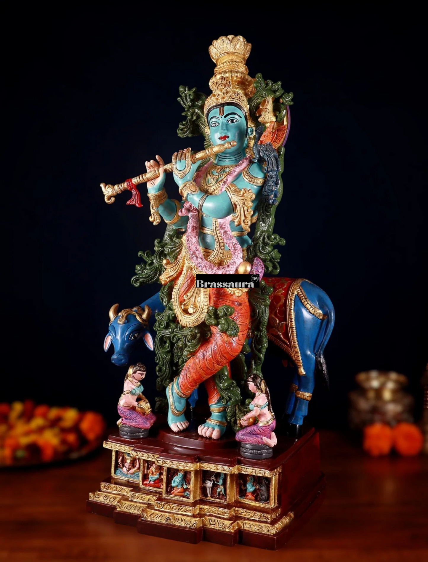 Brassaura™ Pure Brass Hand-Painted Lord Krishna with Cow Statue – Height 29 Inches & Weight 35 Kgs