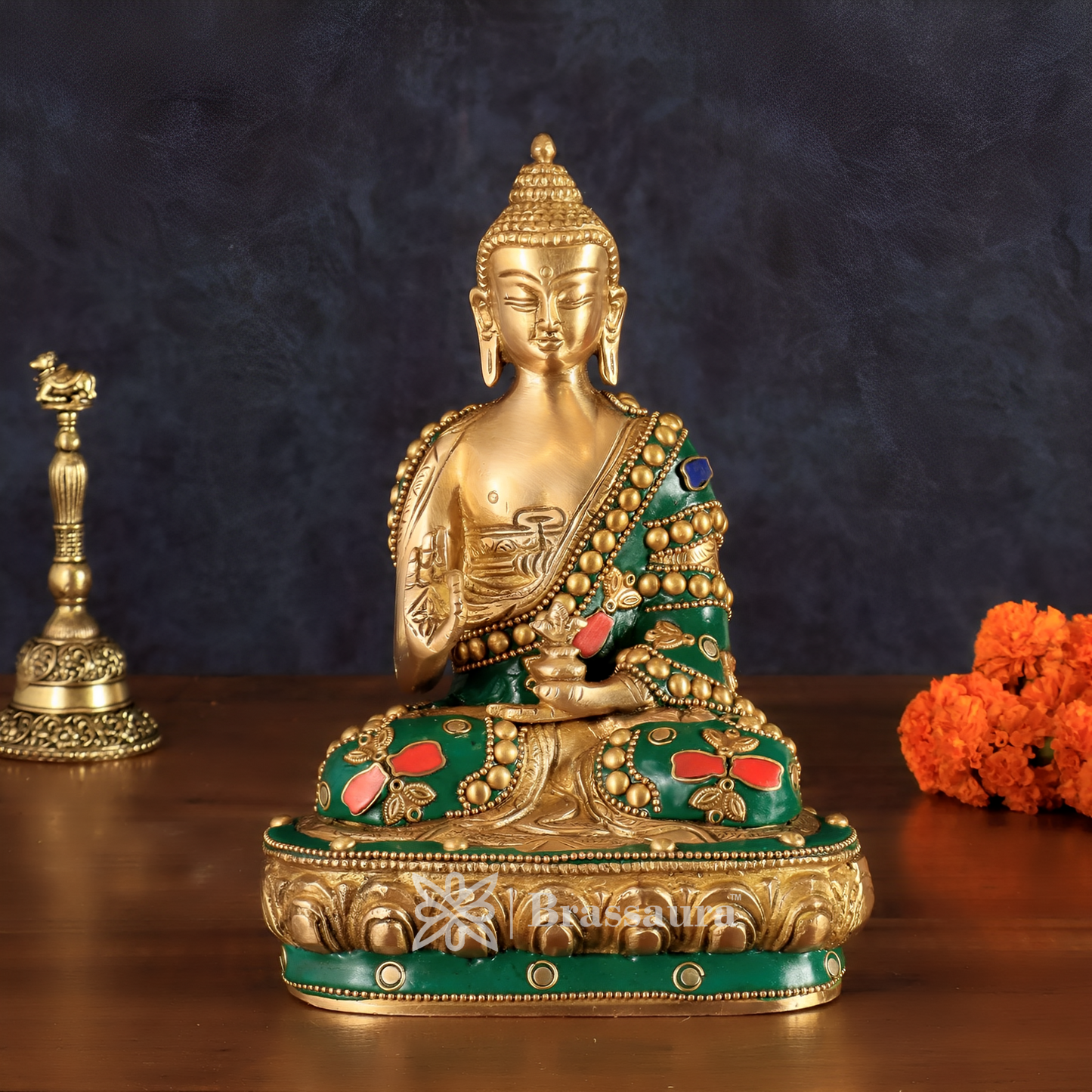 Brassaura™ Pure Brass Buddha Idol with Stonework – Height 7.5 Inches, Weight 1.7 Kgs