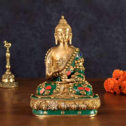 Brassaura™ Pure Brass Buddha Idol with Stonework – Height 7.5 Inches, Weight 1.7 Kgs