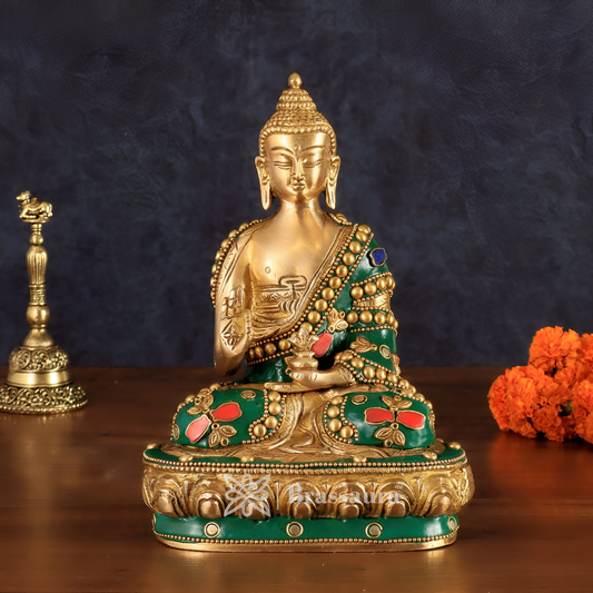 Brassaura™ Pure Brass Buddha Idol with Stonework – Height 7.5 Inches, Weight 1.7 Kgs