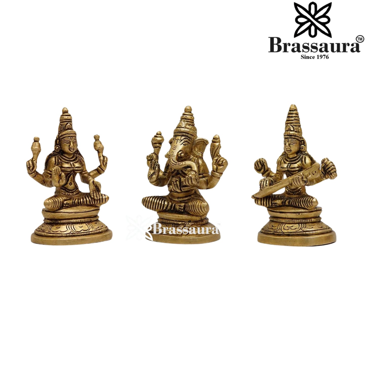Brassaura™ Handcrafted Brass Laxmi Ganesha Saraswati Murti – Height 3.5 Inches & Weight 0.9 Kgs | Puja Room Idol