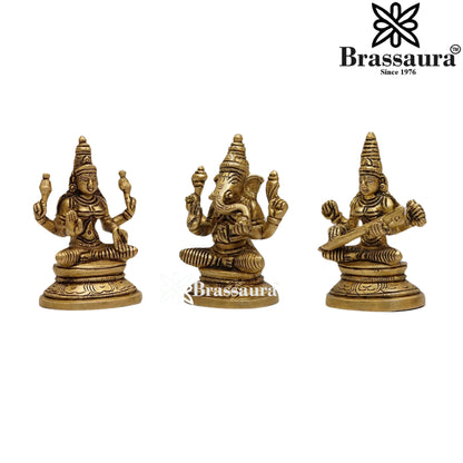 Brassaura™ Handcrafted Brass Laxmi Ganesha Saraswati Murti – Height 3.5 Inches & Weight 0.9 Kgs | Puja Room Idol
