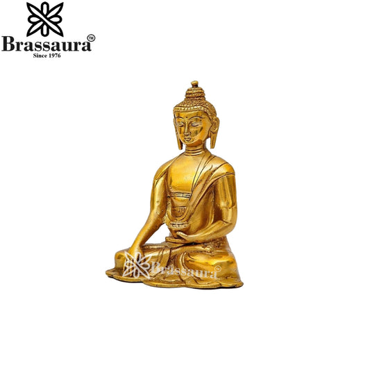 Brassaura® Buddha Sitting in Bhumisparsha Mudra with Intricate Robe Detailing and Antique Gold Finish | Pure Superfine Brass Handcrafted Murti | Brass Statue for Home Temple, Pooja Room | Height 6.5 Inches | Weight 1.1 Kgs