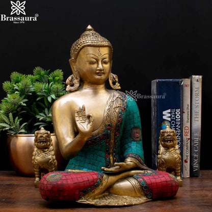 Brass Blessing Gem Stone Work Buddha Weight 6.2 kg & Height 12 Inch