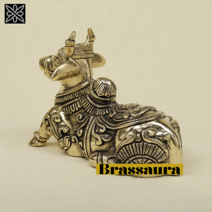 Brassaura™ Brass Nandi Statue | 7.5 Inches Height | 1.92 Kgs Weight | Silver Finish