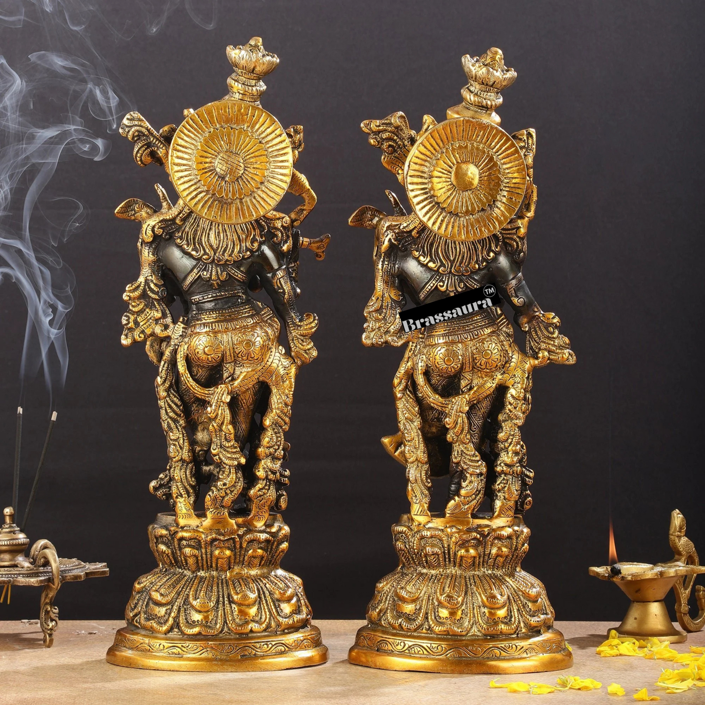 Brassaura™ Brass Radha Krishna Idol Pair – Height 15 Inches & Weight 10 Kgs | Black & Gold Finish Devotional Statue