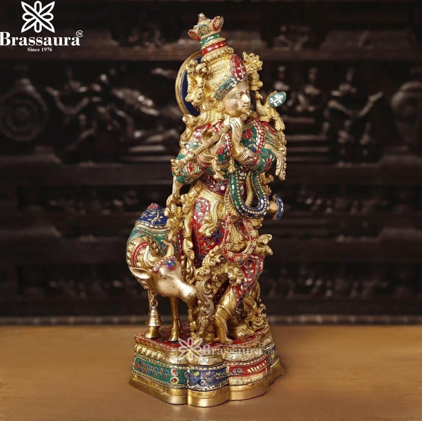 Brass Gem Stone Work Cow Krishna Murti Weight 23.77 Kg And Height 26 Inch