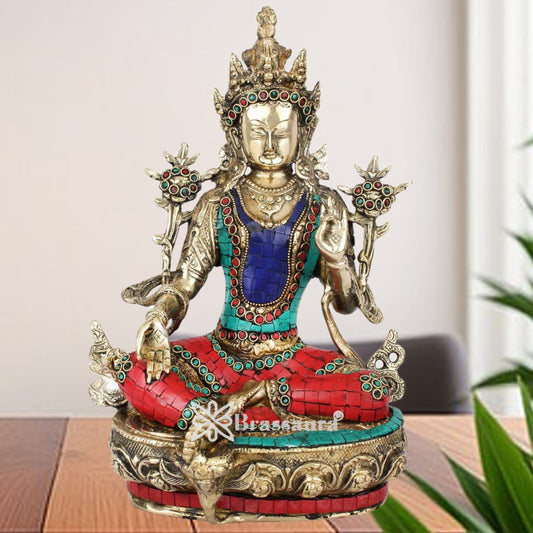 Brass Gem Stone Work Tara Weight 4.9 Kg & Height 13 Inch
