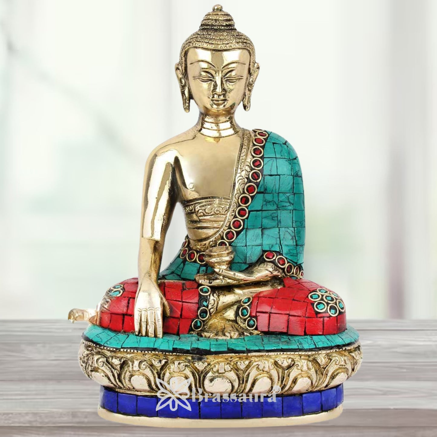 Brass Bhumisprasa Gem Stone Work Buddha Weight 2.2 Kg & Height 8 Inch