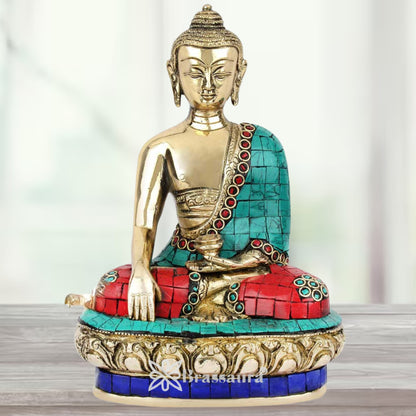 Brass Bhumisprasa Gem Stone Work Buddha Weight 2.2 Kg & Height 8 Inch