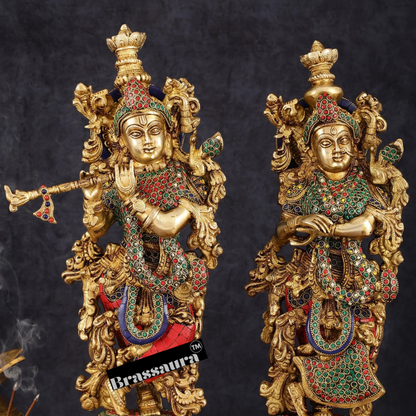 Brassaura™ Brass Radha Krishna Statues – 21 Inch Height, 18 Kg Pair | Handcrafted Indian Home Decor