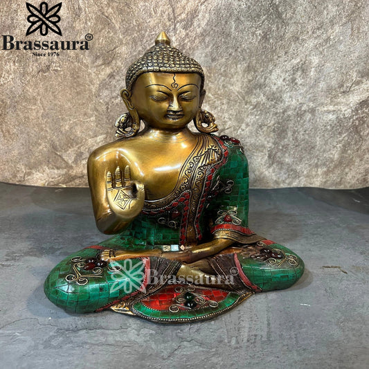 Brassaura® Buddha Sitting in Blessing Mudra Idol with Green & Red Gem Stone Work Finish | Pure Superfine Brass Handcrafted Murti | Brass Statue for Home Temple, Pooja Room | Height 12.5 Inches | Weight 6.1 Kgs 6.1 kg & Height 12.5 Inch