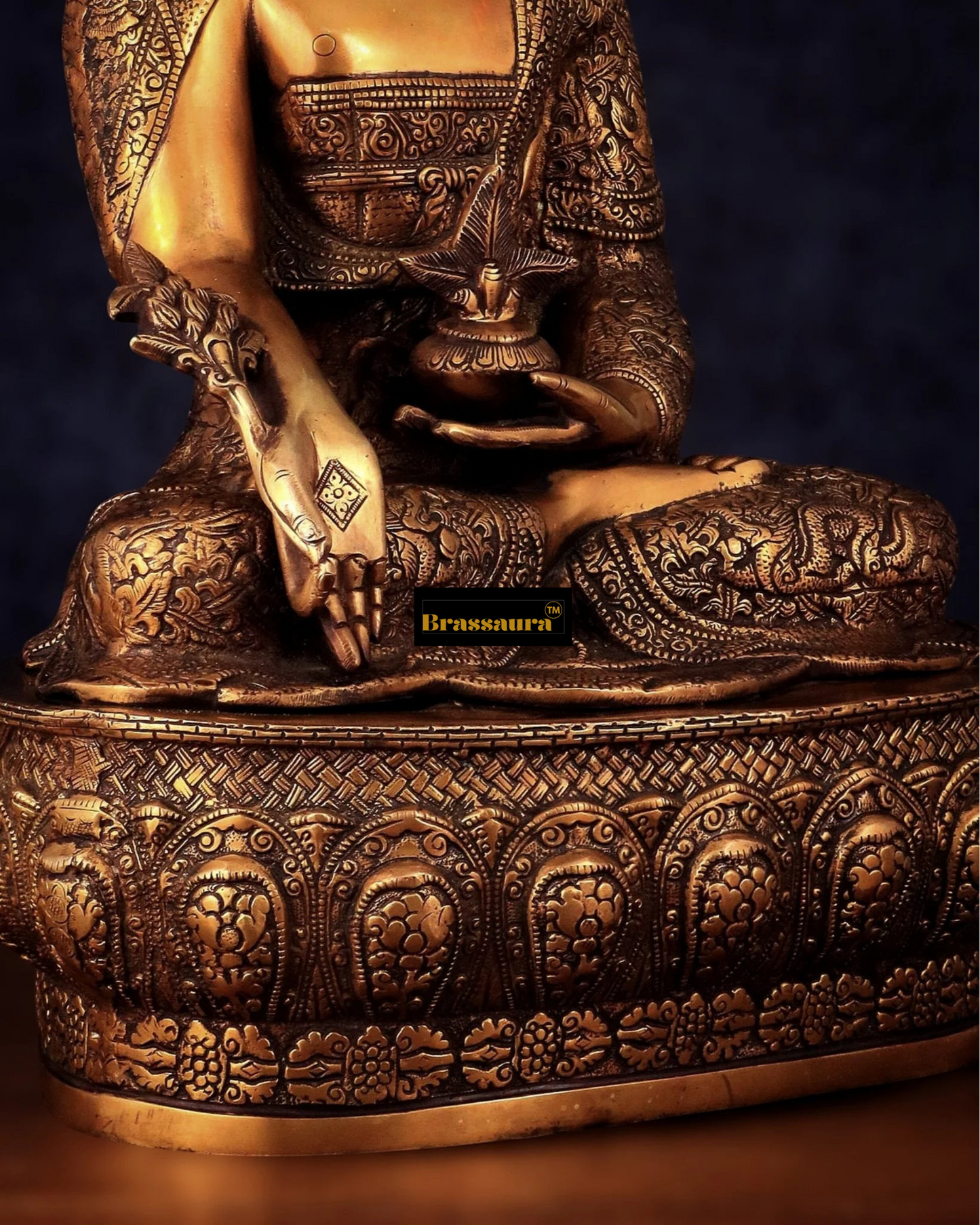 Brassaura™ Pure Brass Buddha Idol with Robe Carvings – Height 22 Inches, Weight 18 Kgs