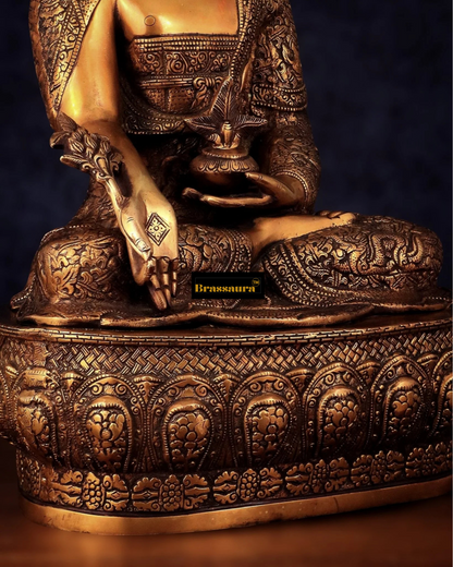Brassaura™ Pure Brass Buddha Idol with Robe Carvings – Height 22 Inches, Weight 18 Kgs