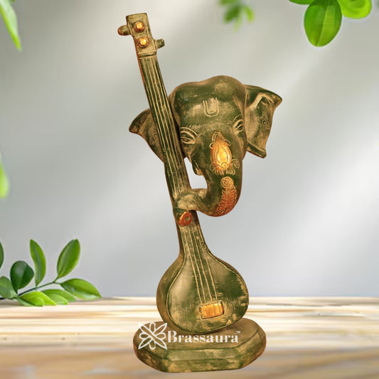 Brass Antique Ganesha & Guitar Statue Weight 3.2 Kg & Height 12.2 Inch