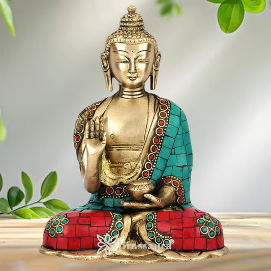 Brass Blessing Gem Stone Work Buddha Weight 1.4 kg & Height 6.5 Inch