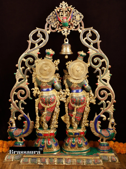 Brassaura™ Brass Radha Krishna Statue with Peacock Temple Arch – 45 Inch Height, 67 Kg | Meenakari Hindu Temple Decor
