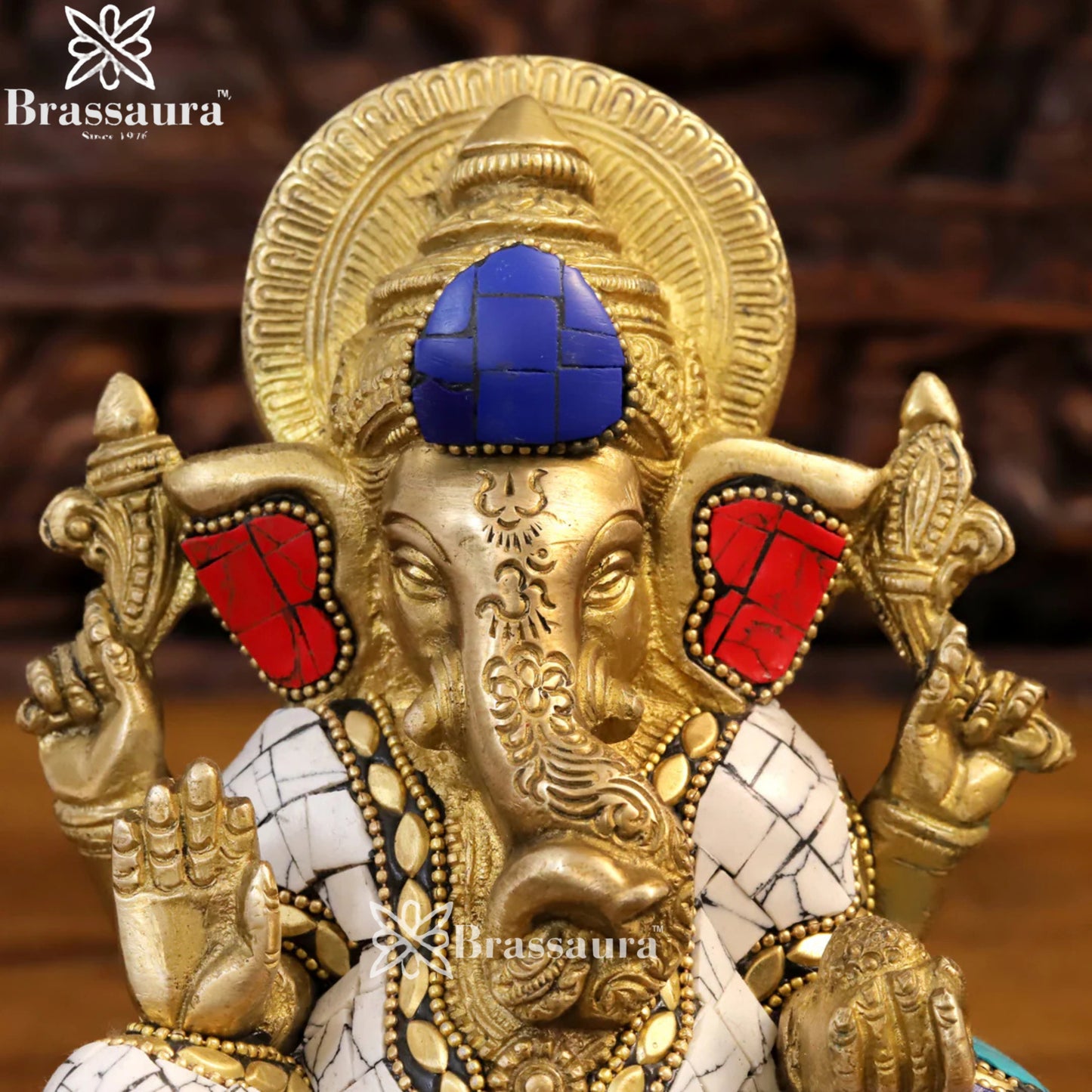 Brass Gem Stone Work Ganesha Weight 2.7 Kg & Height 7 Inch