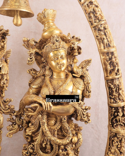 Brassaura™ Magnificent Brass Radha Krishna Temple Arch with Krishna Leelas – Arch Height 45 Inches & Total Weight 70 Kgs | Elegant Devotional Masterpiece