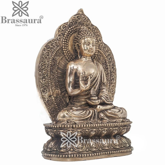 Brassaura® Buddha Sitting in Abhaya Mudra with Ornate Aureole and Antique Gold Finish | Pure Superfine Brass Handcrafted Murti | Brass Statue for Home Temple, Pooja Room | Height 10.5 Inches | Weight 4.7 Kgs