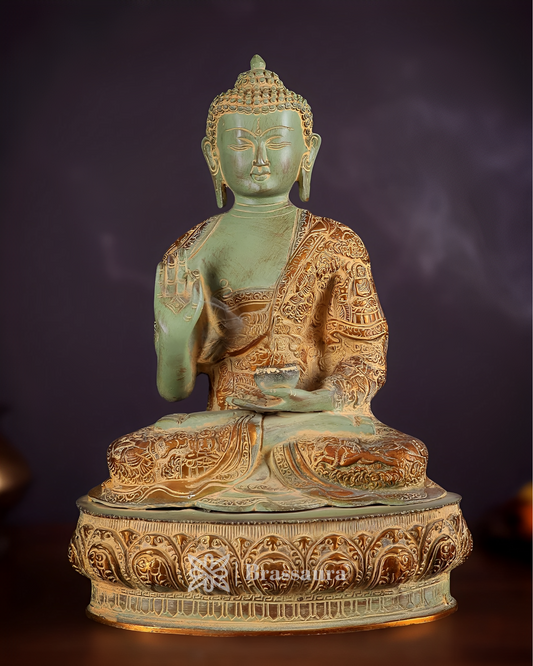 Brassaura™ Pure Brass Blessing Buddha Idol – Height 15 Inches, Weight 7.8 Kgs