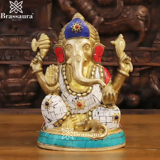 Brass Gem Stone Work Ganesha Weight 3.2 Kg & Height 8 Inch