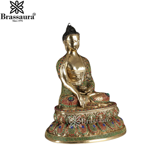 Brassaura® Buddha Bhumisparsha Mudra Sitting Idol with Multicolour Gem Stone Work and Antique Gold Finish | Pure Superfine Brass Handcrafted Murti | Brass Statue for Home Temple, Pooja Room | Height 19 Inches | Weight 11.5 Kgs