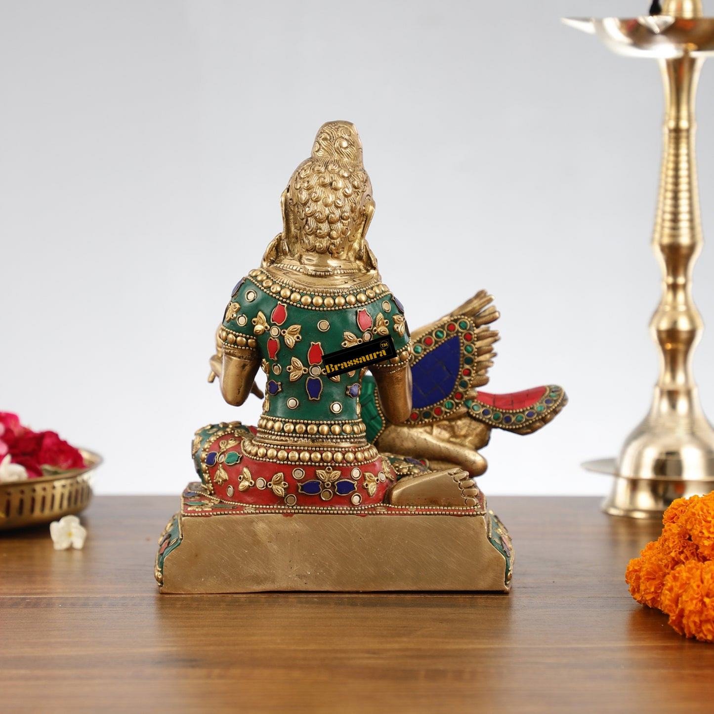 Brassaura™ Brass Buddha Healing the Swan Statue – Height 9 Inches | Weight 5 Kgs | Meenakari & Stonework