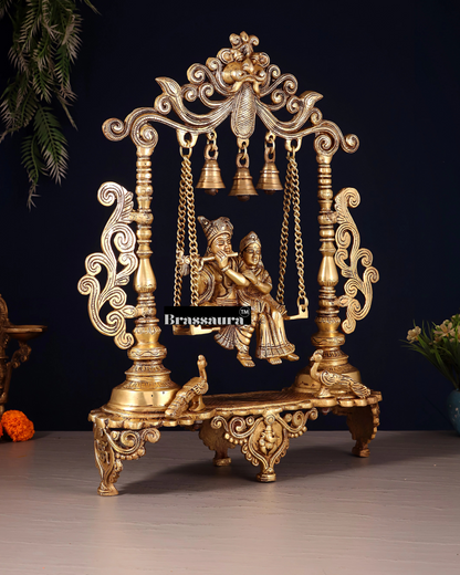Brassaura™ Majestic Brass Radha Krishna Swing Idol with Peacocks – Height 20 Inches & Weight 7.5 Kgs | Antique Finish Devotional Statue