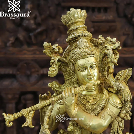 Brassaura® Lord Krishna Playing Flute on Lotus Pedestal | Pure Superfine Brass Handcrafted Antique Gold Finish Murti | Premium Krishna Statue for Home Temple, Pooja Room & Spiritual Décor | Height 30 Inches | Weight 15.5 Kgs